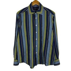 Robert Graham Long Sleeve Blue Green Striped Button Up Flip Cuff Shirt Sz L